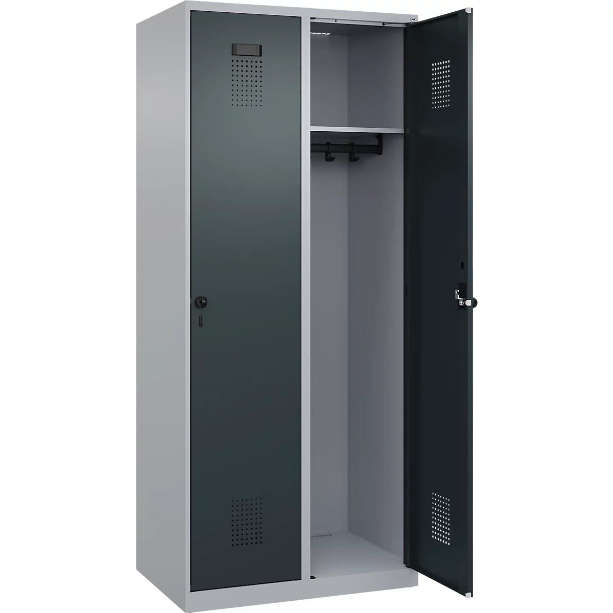 Kleiderspind C+P Evolo Plus, 2 Abteile, Anschlag rechts, Sicherheits-Drehriegel, B 800 x T 500 x H 1850 mm, weißaluminium/anthrazitgrau