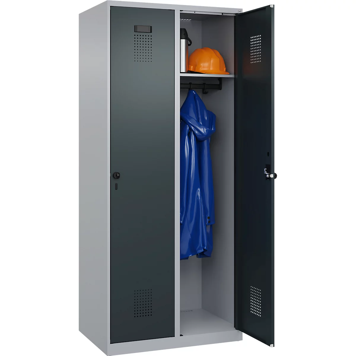 Kleiderspind C+P Evolo Plus, 2 Abteile, Anschlag rechts, Sicherheits-Drehriegel, B 800 x T 500 x H 1850 mm, weißaluminium/anthrazitgrau