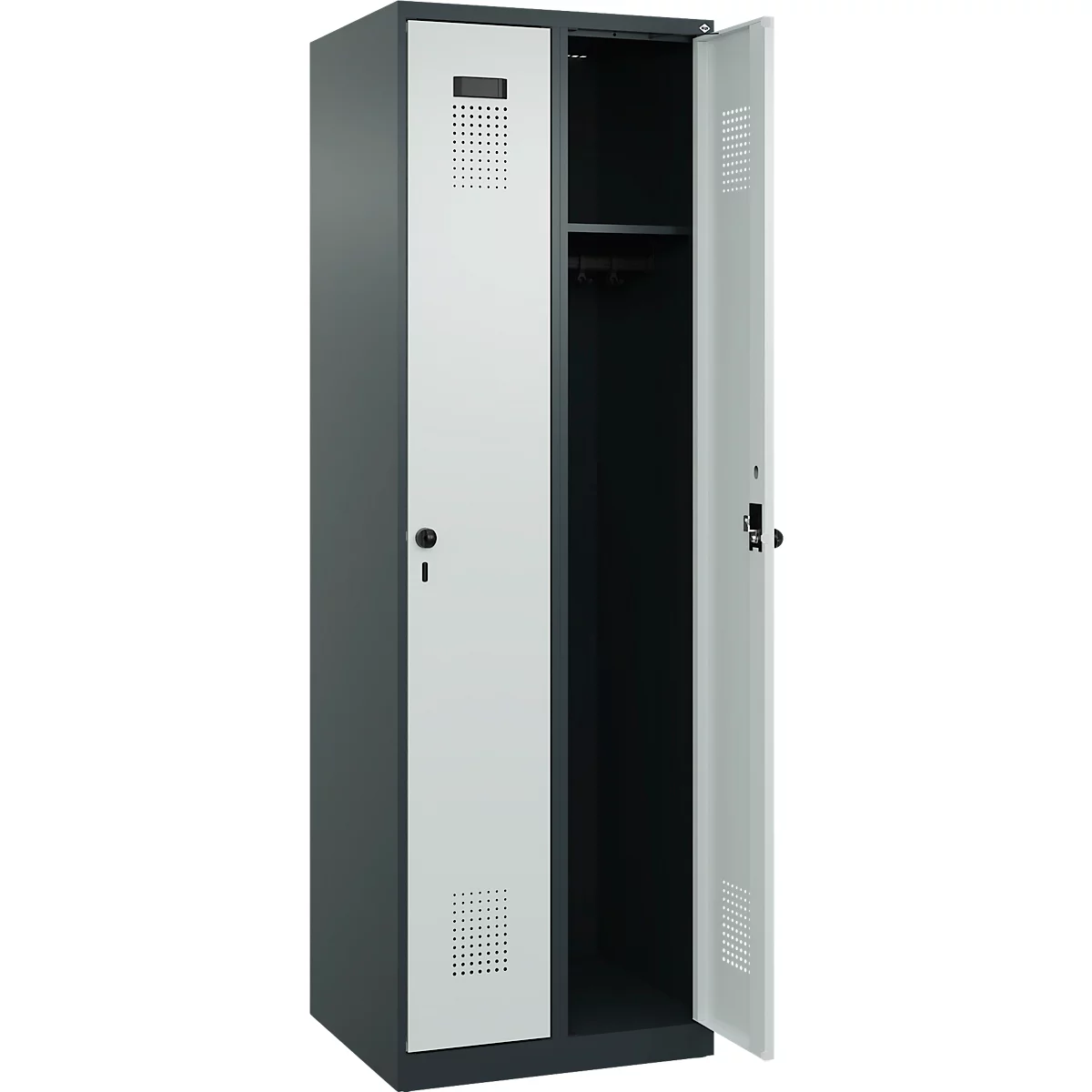 Kleiderspind C+P Evolo Plus, 2 Abteile, Anschlag rechts, Sicherheits-Drehriegel, Soft-Anschlag, B 600 x T 500 x H 1850 mm, anthrazitgrau/lichtgrau