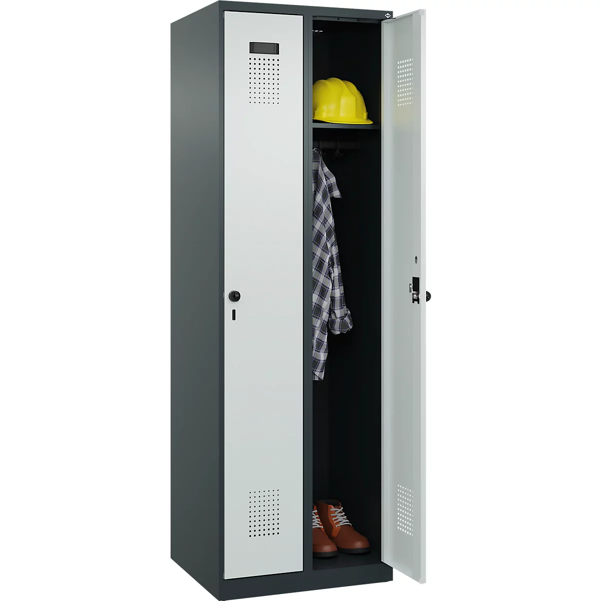 Kleiderspind C+P Evolo Plus, 2 Abteile, Anschlag rechts, Sicherheits-Drehriegel, Soft-Anschlag, B 600 x T 500 x H 1850 mm, anthrazitgrau/lichtgrau