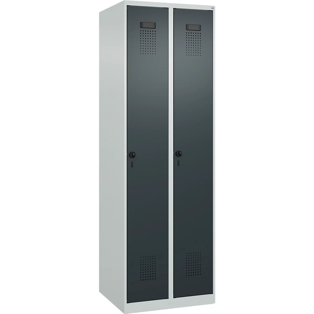 Kleiderspind C+P Evolo Plus, 2 Abteile, Anschlag rechts, Sicherheits-Drehriegel, Soft-Anschlag, B 600 x T 500 x H 1850 mm, lichtgrau/anthrazitgrau