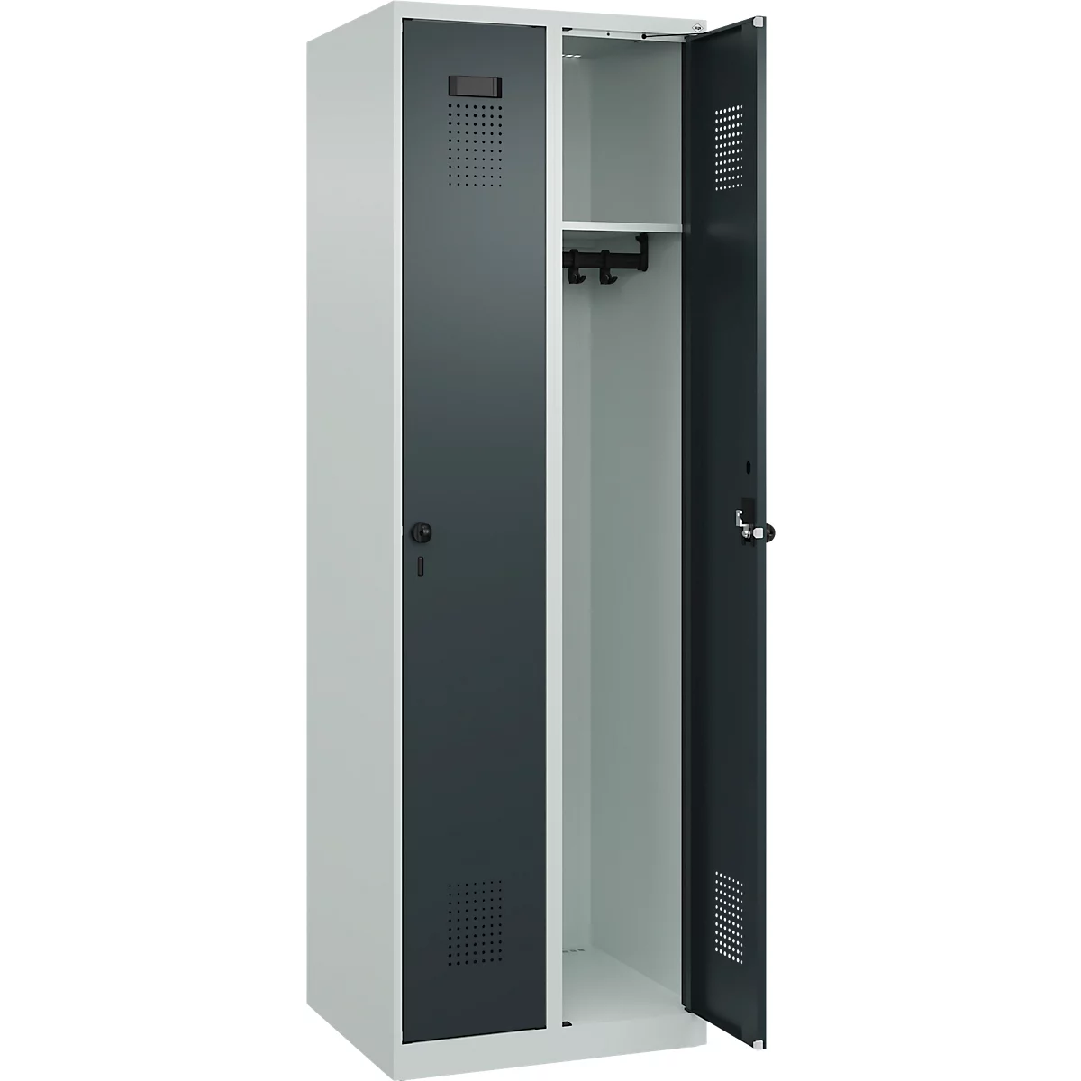 Kleiderspind C+P Evolo Plus, 2 Abteile, Anschlag rechts, Sicherheits-Drehriegel, Soft-Anschlag, B 600 x T 500 x H 1850 mm, lichtgrau/anthrazitgrau