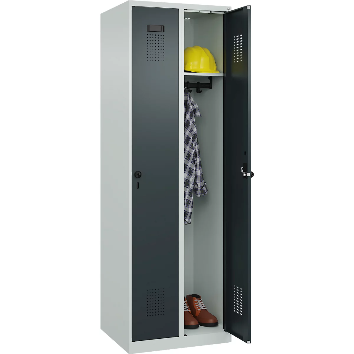 Kleiderspind C+P Evolo Plus, 2 Abteile, Anschlag rechts, Sicherheits-Drehriegel, Soft-Anschlag, B 600 x T 500 x H 1850 mm, lichtgrau/anthrazitgrau