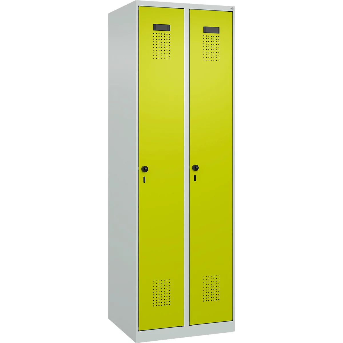 Kleiderspind C+P Evolo Plus, 2 Abteile, Anschlag rechts, Sicherheits-Drehriegel, Soft-Anschlag, B 600 x T 500 x H 1850 mm, lichtgrau/clowngrün