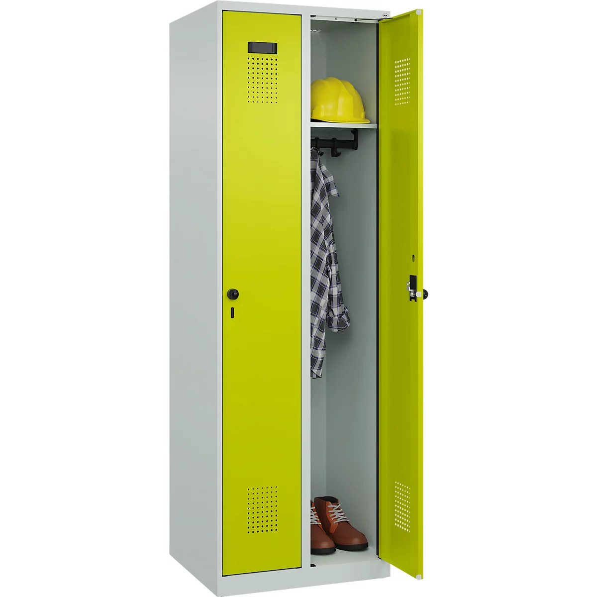Kleiderspind C+P Evolo Plus, 2 Abteile, Anschlag rechts, Sicherheits-Drehriegel, Soft-Anschlag, B 600 x T 500 x H 1850 mm, lichtgrau/clowngrün