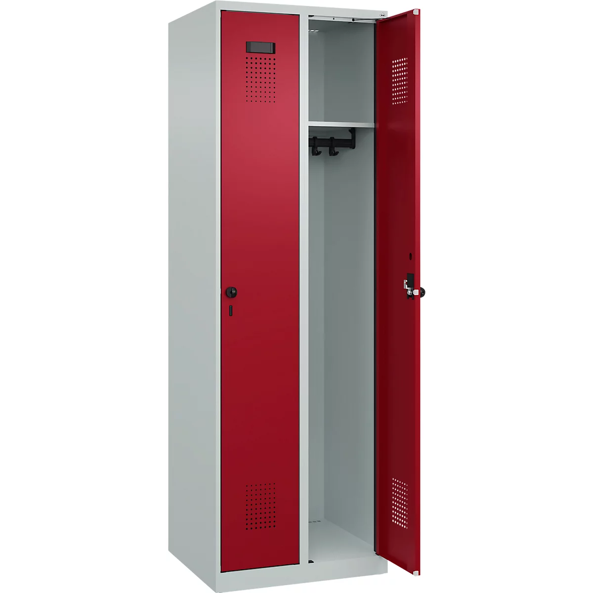 Kleiderspind C+P Evolo Plus, 2 Abteile, Anschlag rechts, Sicherheits-Drehriegel, Soft-Anschlag, B 600 x T 500 x H 1850 mm, lichtgrau/rubinrot