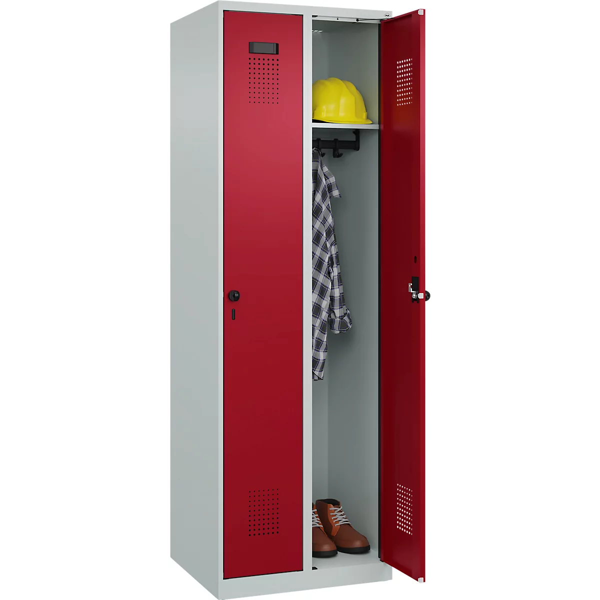 Kleiderspind C+P Evolo Plus, 2 Abteile, Anschlag rechts, Sicherheits-Drehriegel, Soft-Anschlag, B 600 x T 500 x H 1850 mm, lichtgrau/rubinrot