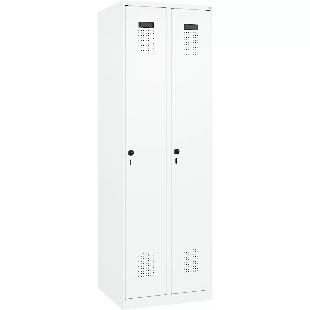 Kleiderspind C+P Evolo Plus, 2 Abteile, Anschlag rechts, Sicherheits-Drehriegel, Soft-Anschlag, B 600 x T 500 x H 1850 mm, verkehrsweiß/verkehrsweiß
