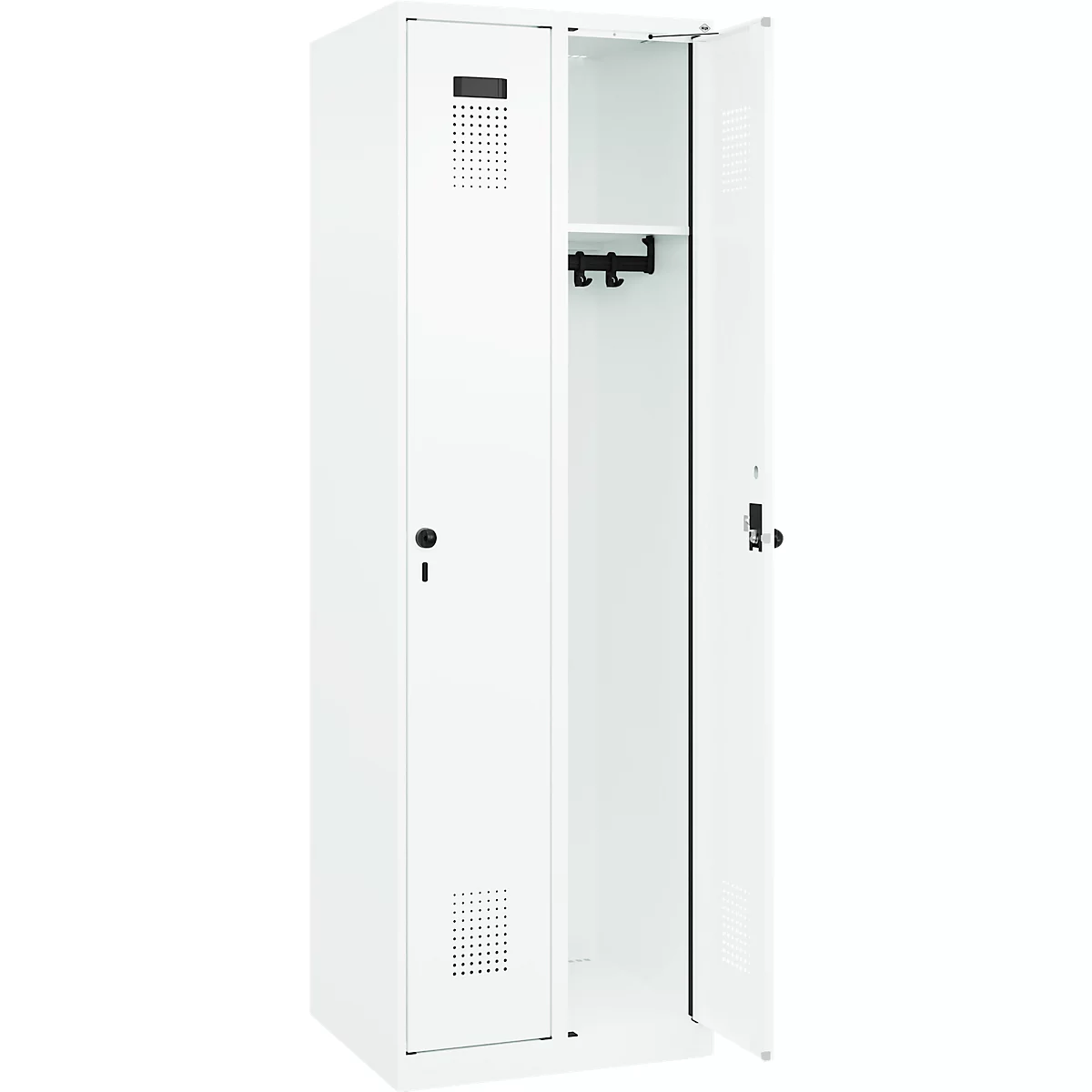 Kleiderspind C+P Evolo Plus, 2 Abteile, Anschlag rechts, Sicherheits-Drehriegel, Soft-Anschlag, B 600 x T 500 x H 1850 mm, verkehrsweiß/verkehrsweiß