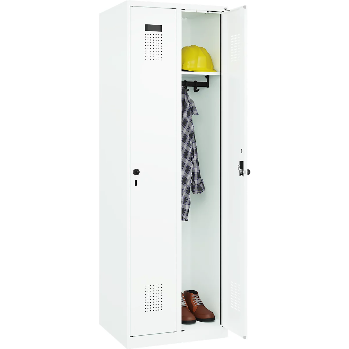 Kleiderspind C+P Evolo Plus, 2 Abteile, Anschlag rechts, Sicherheits-Drehriegel, Soft-Anschlag, B 600 x T 500 x H 1850 mm, verkehrsweiß/verkehrsweiß