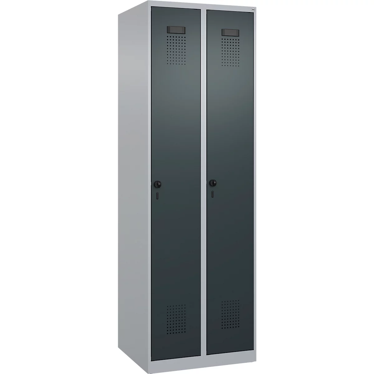 Kleiderspind C+P Evolo Plus, 2 Abteile, Anschlag rechts, Sicherheits-Drehriegel, Soft-Anschlag, B 600 x T 500 x H 1850 mm, weißaluminium/anthrazitgrau