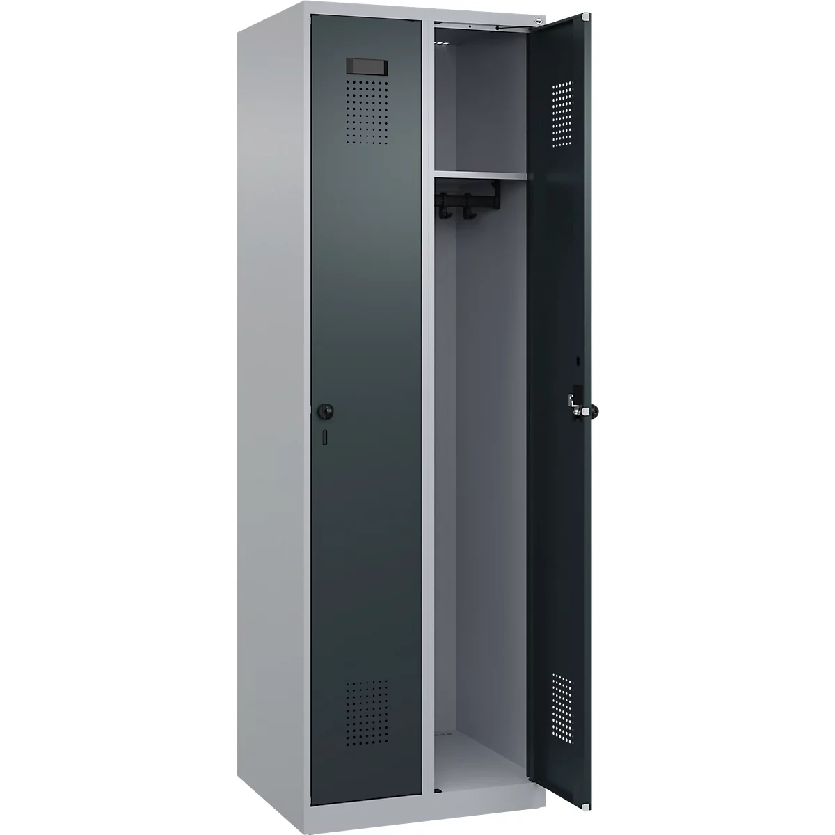 Kleiderspind C+P Evolo Plus, 2 Abteile, Anschlag rechts, Sicherheits-Drehriegel, Soft-Anschlag, B 600 x T 500 x H 1850 mm, weißaluminium/anthrazitgrau