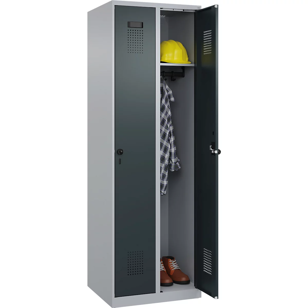 Kleiderspind C+P Evolo Plus, 2 Abteile, Anschlag rechts, Sicherheits-Drehriegel, Soft-Anschlag, B 600 x T 500 x H 1850 mm, weißaluminium/anthrazitgrau