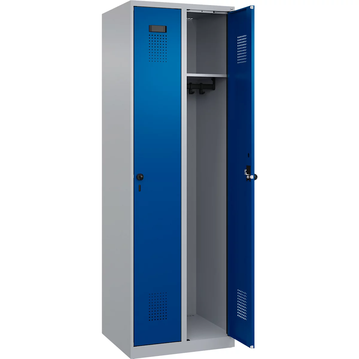 Kleiderspind C+P Evolo Plus, 2 Abteile, Anschlag rechts, Sicherheits-Drehriegel, Soft-Anschlag, B 600 x T 500 x H 1850 mm, weißaluminium/enzianblau