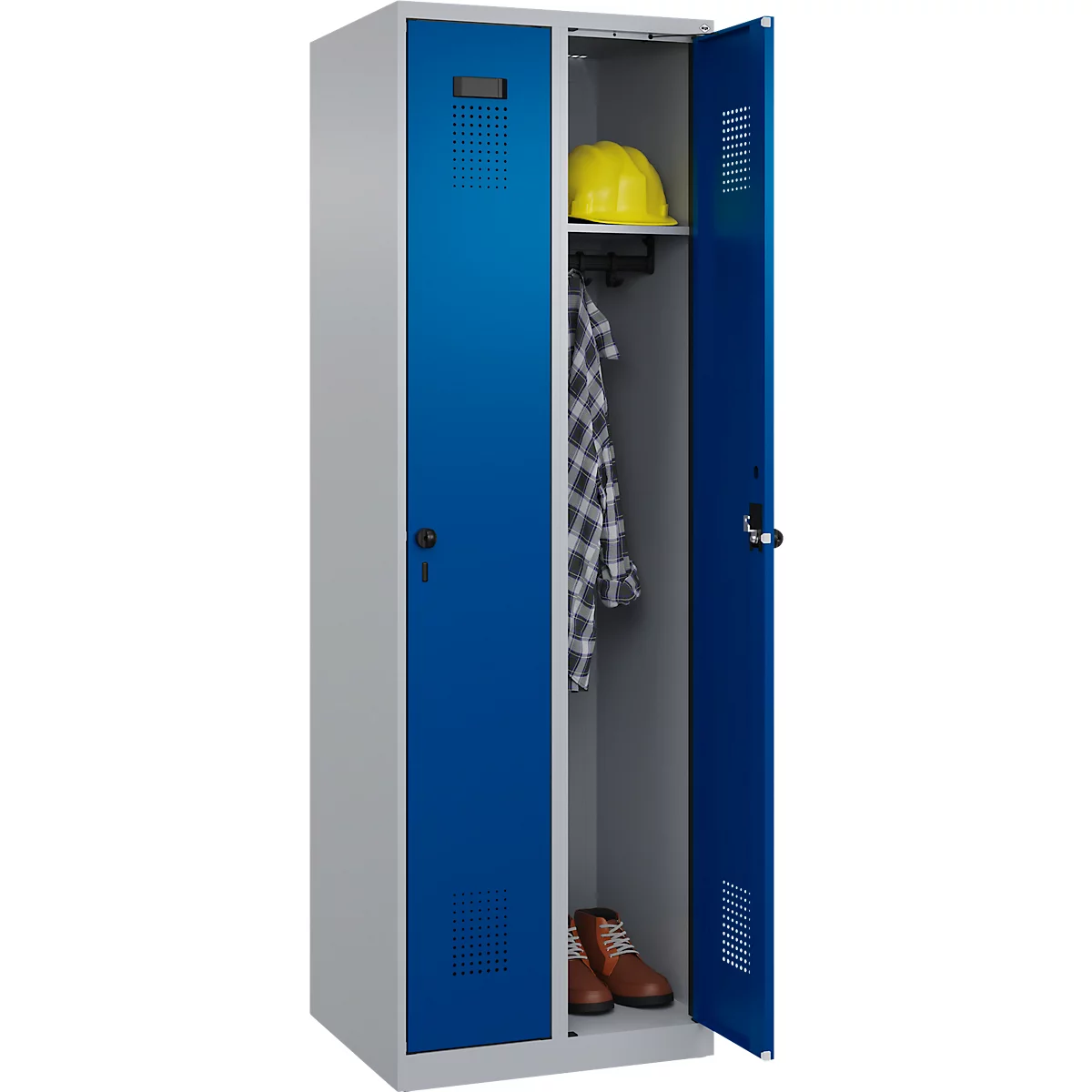 Kleiderspind C+P Evolo Plus, 2 Abteile, Anschlag rechts, Sicherheits-Drehriegel, Soft-Anschlag, B 600 x T 500 x H 1850 mm, weißaluminium/enzianblau