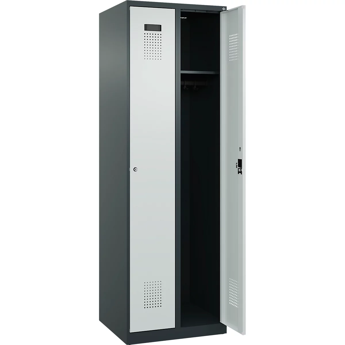 Kleiderspind C+P Evolo Plus, 2 Abteile, Anschlag rechts, Zylinderschloss, Soft-Anschlag, B 600 x T 500 x H 1850 mm, anthrazitgrau/lichtgrau