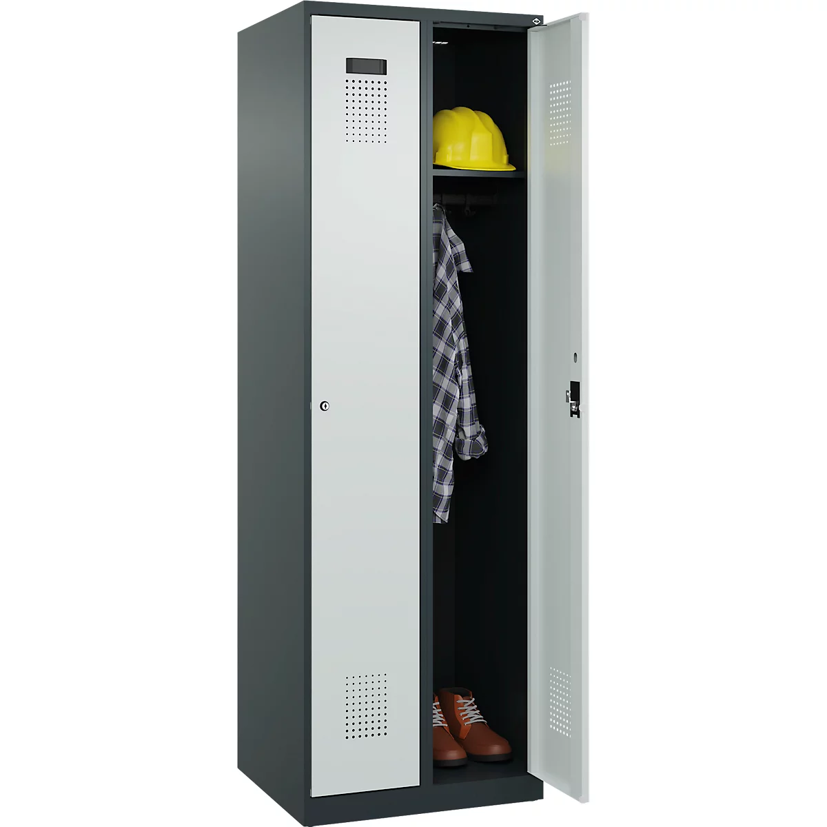 Kleiderspind C+P Evolo Plus, 2 Abteile, Anschlag rechts, Zylinderschloss, Soft-Anschlag, B 600 x T 500 x H 1850 mm, anthrazitgrau/lichtgrau