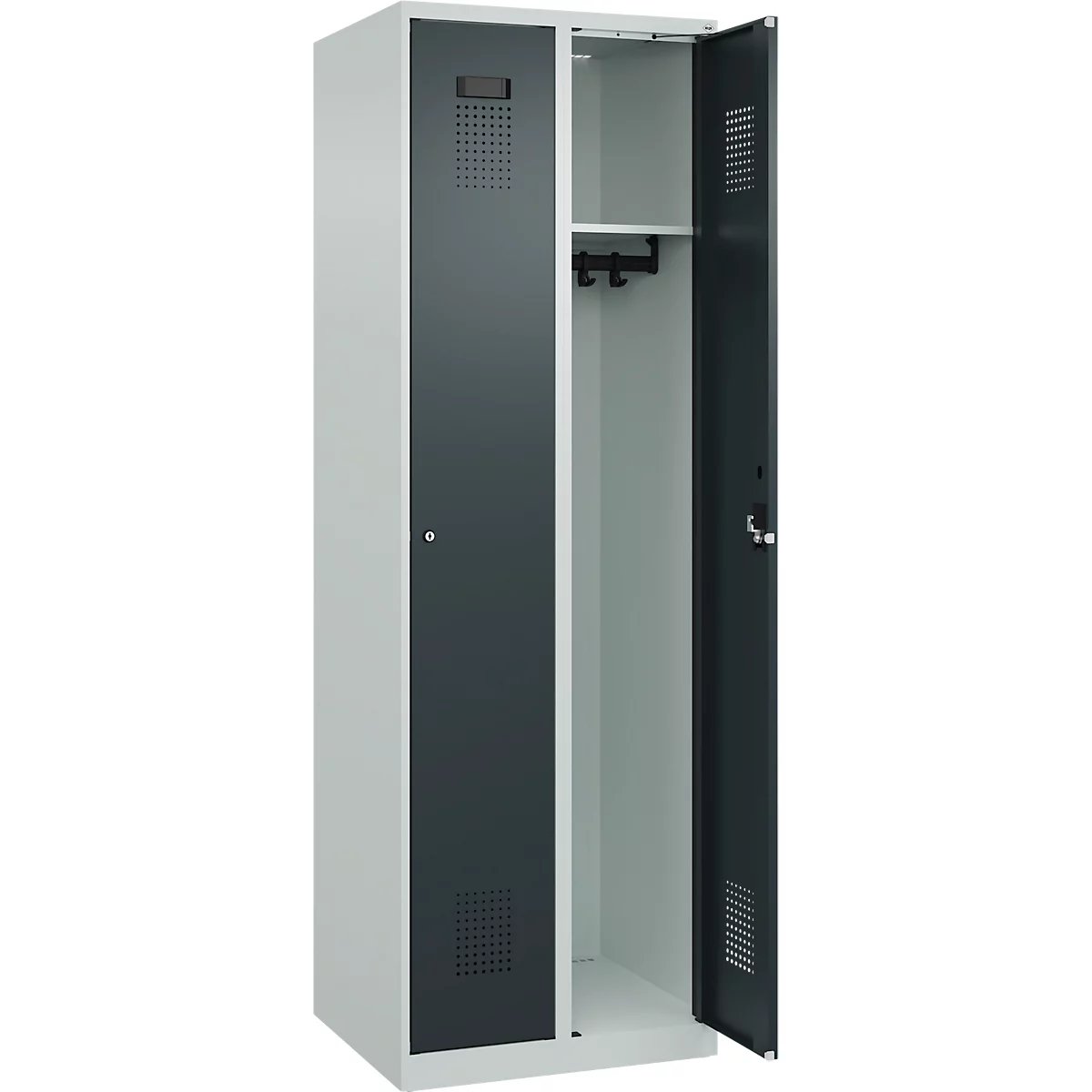 Kleiderspind C+P Evolo Plus, 2 Abteile, Anschlag rechts, Zylinderschloss, Soft-Anschlag, B 600 x T 500 x H 1850 mm, lichtgrau/anthrazitgrau