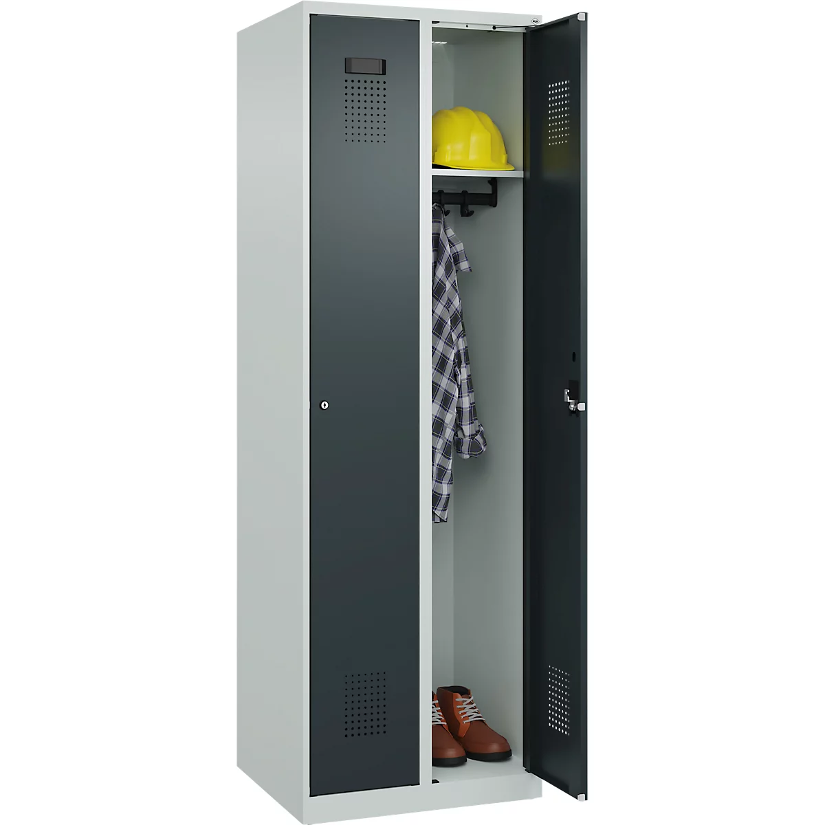 Kleiderspind C+P Evolo Plus, 2 Abteile, Anschlag rechts, Zylinderschloss, Soft-Anschlag, B 600 x T 500 x H 1850 mm, lichtgrau/anthrazitgrau