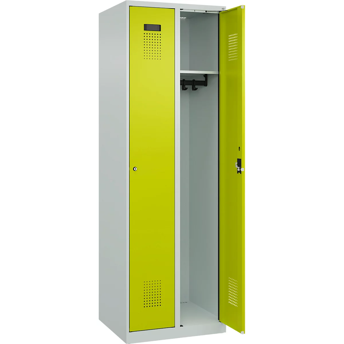 Kleiderspind C+P Evolo Plus, 2 Abteile, Anschlag rechts, Zylinderschloss, Soft-Anschlag, B 600 x T 500 x H 1850 mm, lichtgrau/clowngrün