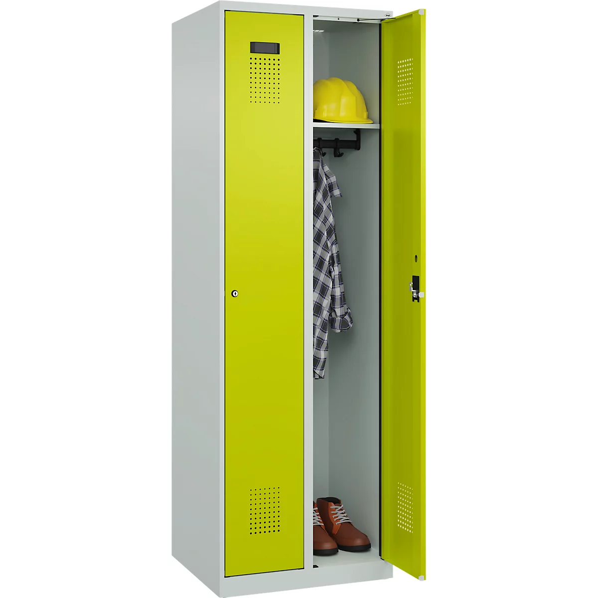 Kleiderspind C+P Evolo Plus, 2 Abteile, Anschlag rechts, Zylinderschloss, Soft-Anschlag, B 600 x T 500 x H 1850 mm, lichtgrau/clowngrün