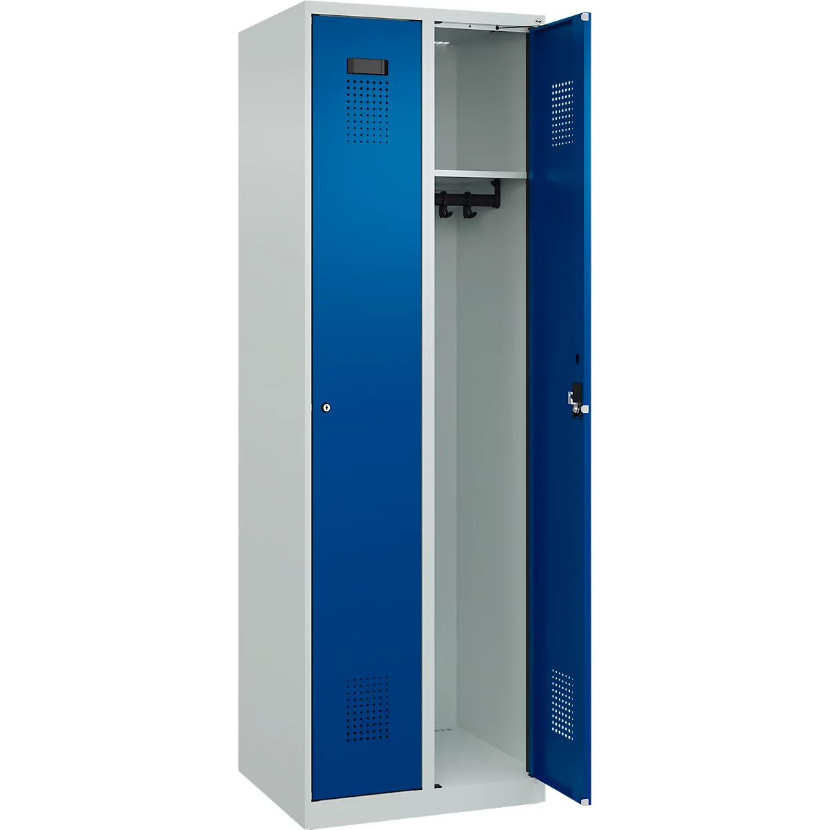 Kleiderspind C+P Evolo Plus, 2 Abteile, Anschlag rechts, Zylinderschloss, Soft-Anschlag, B 600 x T 500 x H 1850 mm, lichtgrau/enzianblau