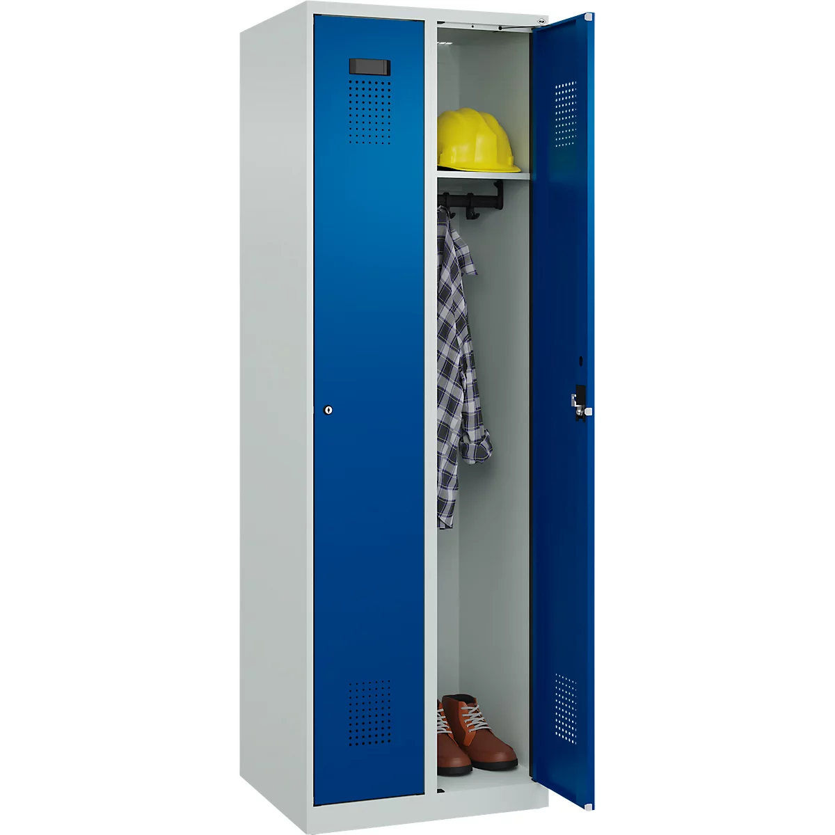 Kleiderspind C+P Evolo Plus, 2 Abteile, Anschlag rechts, Zylinderschloss, Soft-Anschlag, B 600 x T 500 x H 1850 mm, lichtgrau/enzianblau