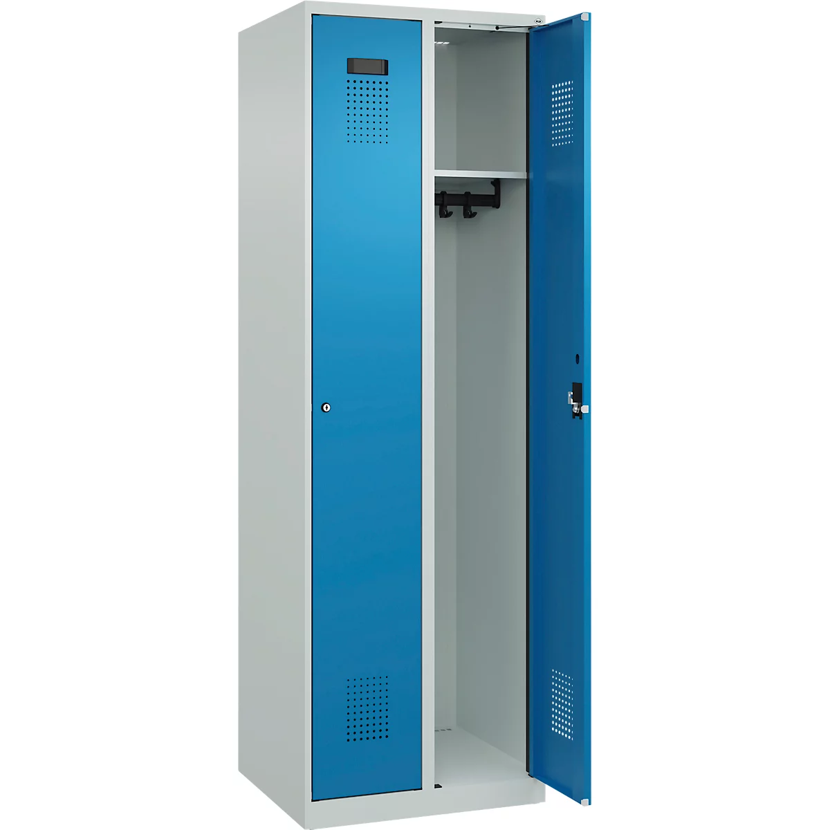 Kleiderspind C+P Evolo Plus, 2 Abteile, Anschlag rechts, Zylinderschloss, Soft-Anschlag, B 600 x T 500 x H 1850 mm, lichtgrau/lichtblau