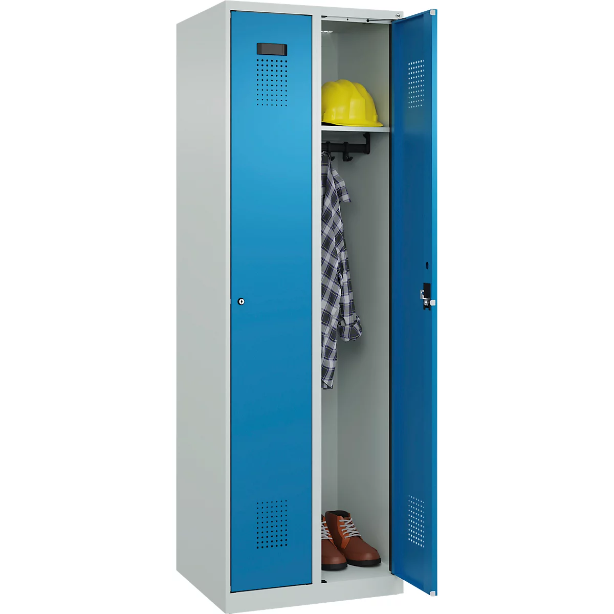 Kleiderspind C+P Evolo Plus, 2 Abteile, Anschlag rechts, Zylinderschloss, Soft-Anschlag, B 600 x T 500 x H 1850 mm, lichtgrau/lichtblau