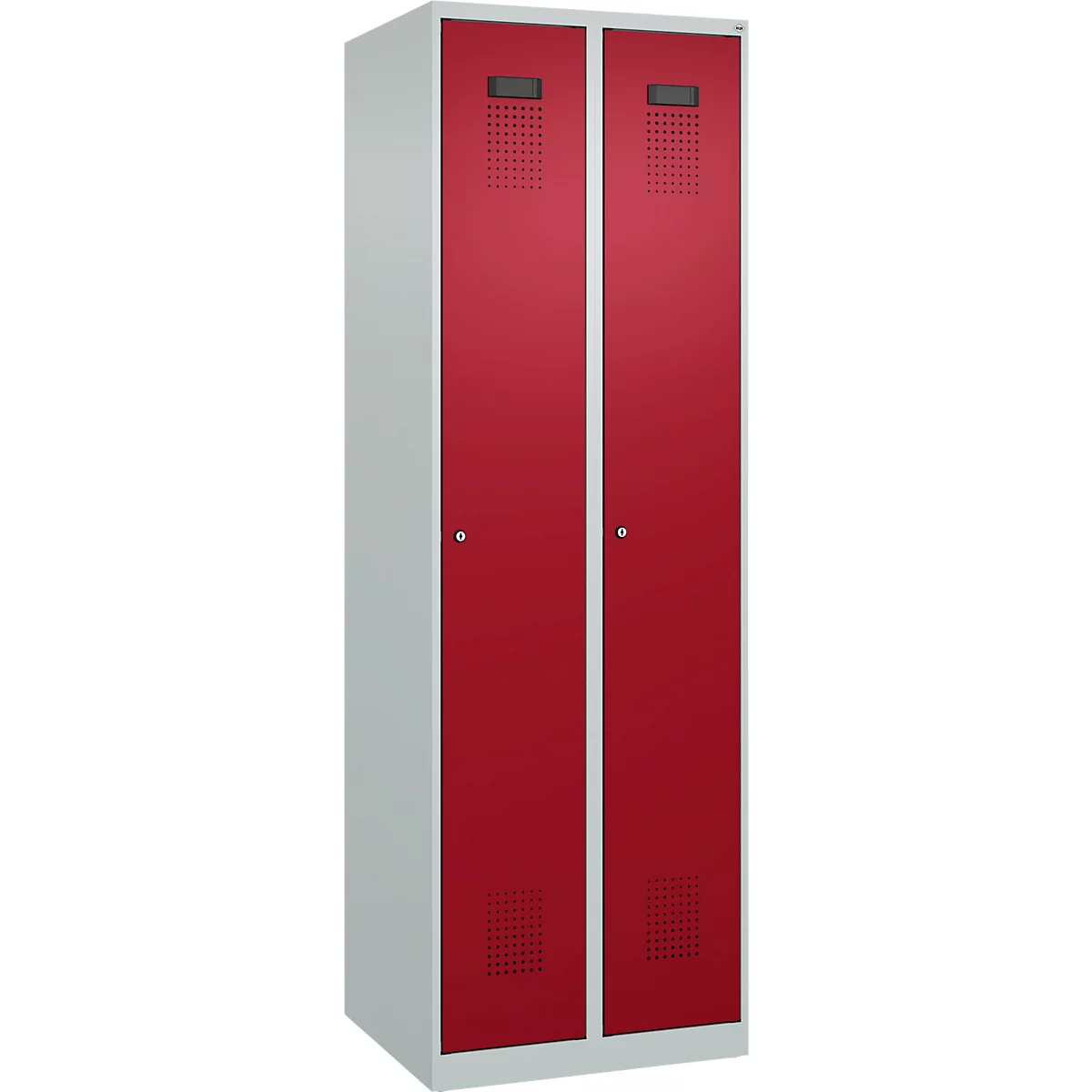 Kleiderspind C+P Evolo Plus, 2 Abteile, Anschlag rechts, Zylinderschloss, Soft-Anschlag, B 600 x T 500 x H 1850 mm, lichtgrau/rubinrot