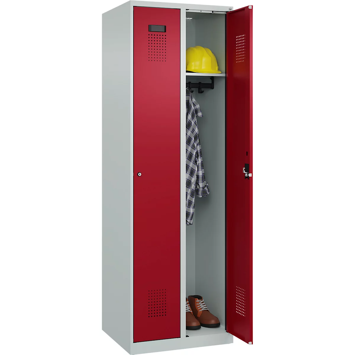Kleiderspind C+P Evolo Plus, 2 Abteile, Anschlag rechts, Zylinderschloss, Soft-Anschlag, B 600 x T 500 x H 1850 mm, lichtgrau/rubinrot