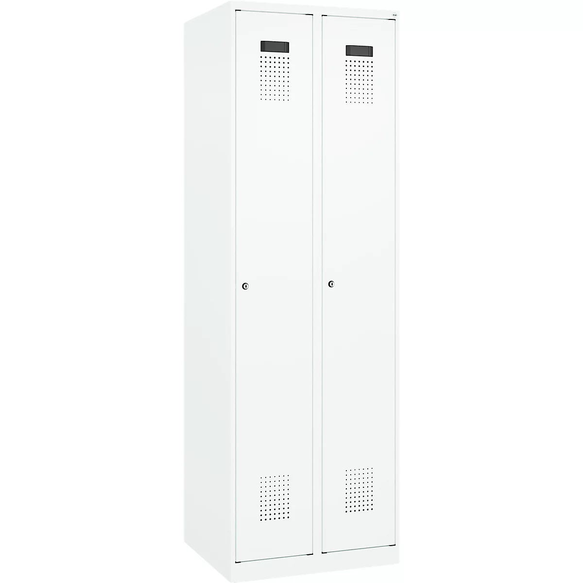 Kleiderspind C+P Evolo Plus, 2 Abteile, Anschlag rechts, Zylinderschloss, Soft-Anschlag, B 600 x T 500 x H 1850 mm, verkehrsweiß/verkehrsweiß