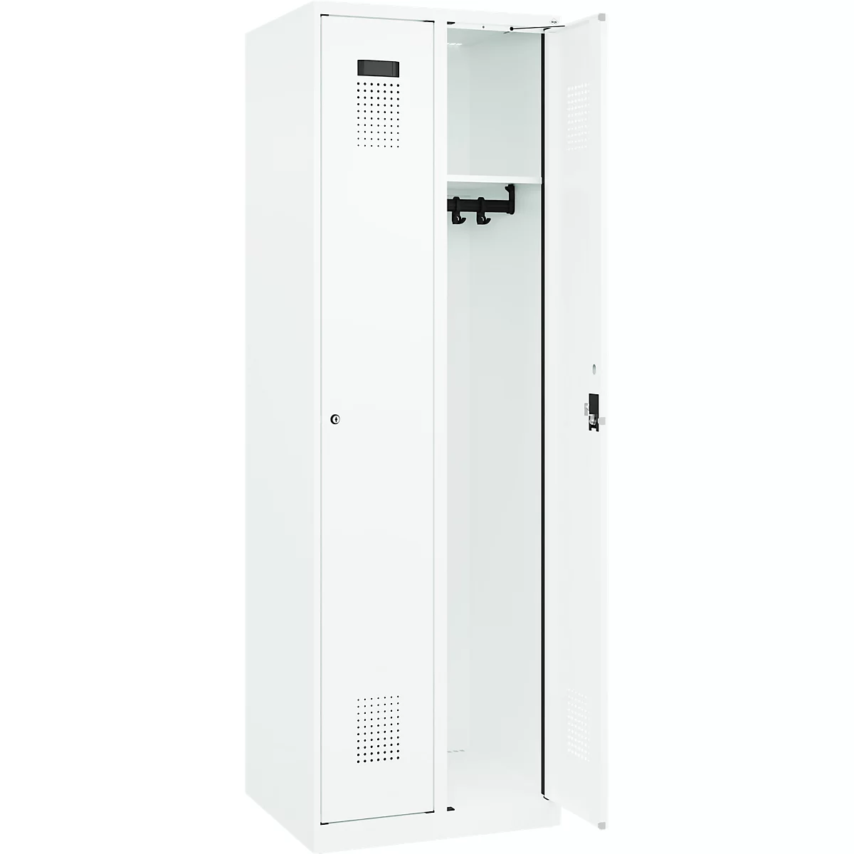 Kleiderspind C+P Evolo Plus, 2 Abteile, Anschlag rechts, Zylinderschloss, Soft-Anschlag, B 600 x T 500 x H 1850 mm, verkehrsweiß/verkehrsweiß