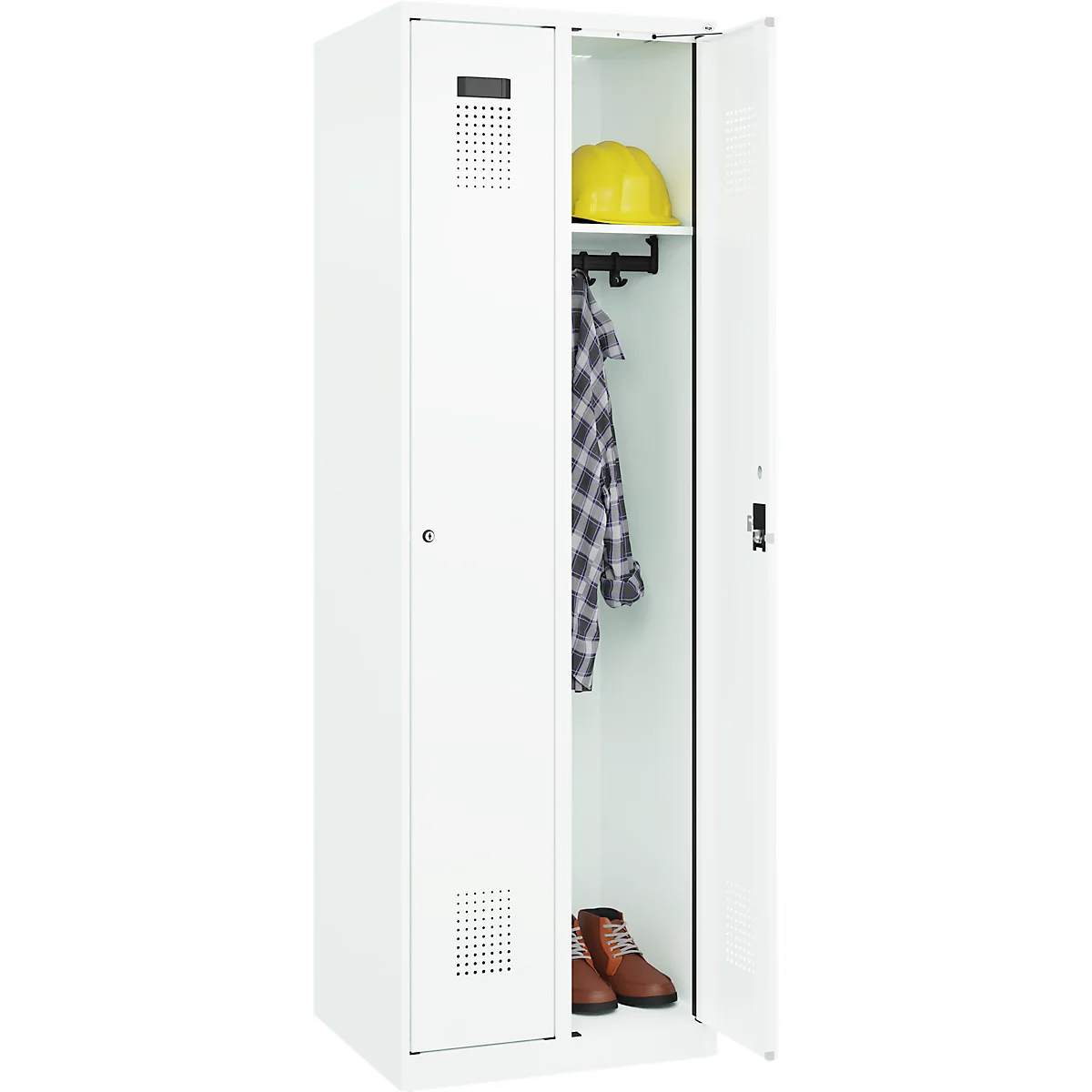 Kleiderspind C+P Evolo Plus, 2 Abteile, Anschlag rechts, Zylinderschloss, Soft-Anschlag, B 600 x T 500 x H 1850 mm, verkehrsweiß/verkehrsweiß