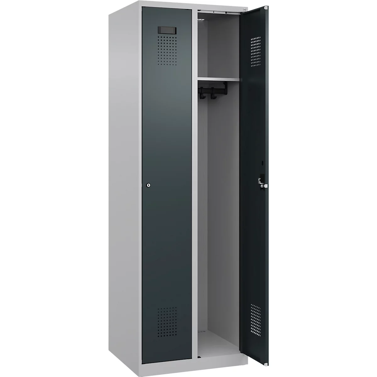 Kleiderspind C+P Evolo Plus, 2 Abteile, Anschlag rechts, Zylinderschloss, Soft-Anschlag, B 600 x T 500 x H 1850 mm, weißaluminium/anthrazitgrau