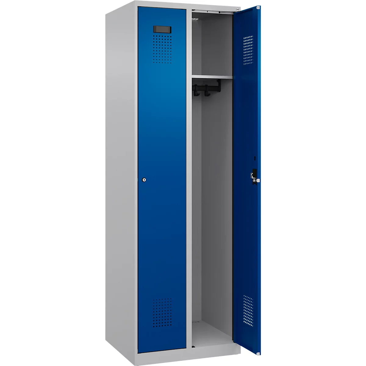 Kleiderspind C+P Evolo Plus, 2 Abteile, Anschlag rechts, Zylinderschloss, Soft-Anschlag, B 600 x T 500 x H 1850 mm, weißaluminium/enzianblau