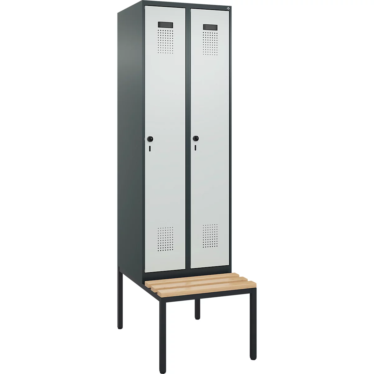 Kleiderspind C+P Evolo Plus, 2 Abteile mit je 300 mm Breite, Unterbau-Sitzbank, B 600 x T 815 x H 2120 mm, Drehriegel, anthrazitgrau/lichtgrau