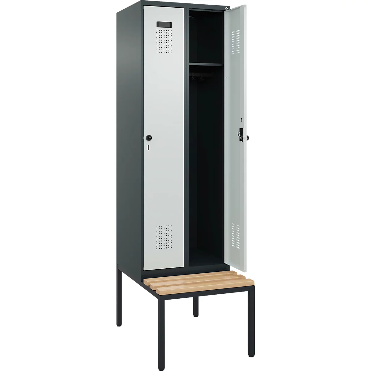 Kleiderspind C+P Evolo Plus, 2 Abteile mit je 300 mm Breite, Unterbau-Sitzbank, B 600 x T 815 x H 2120 mm, Drehriegel, anthrazitgrau/lichtgrau