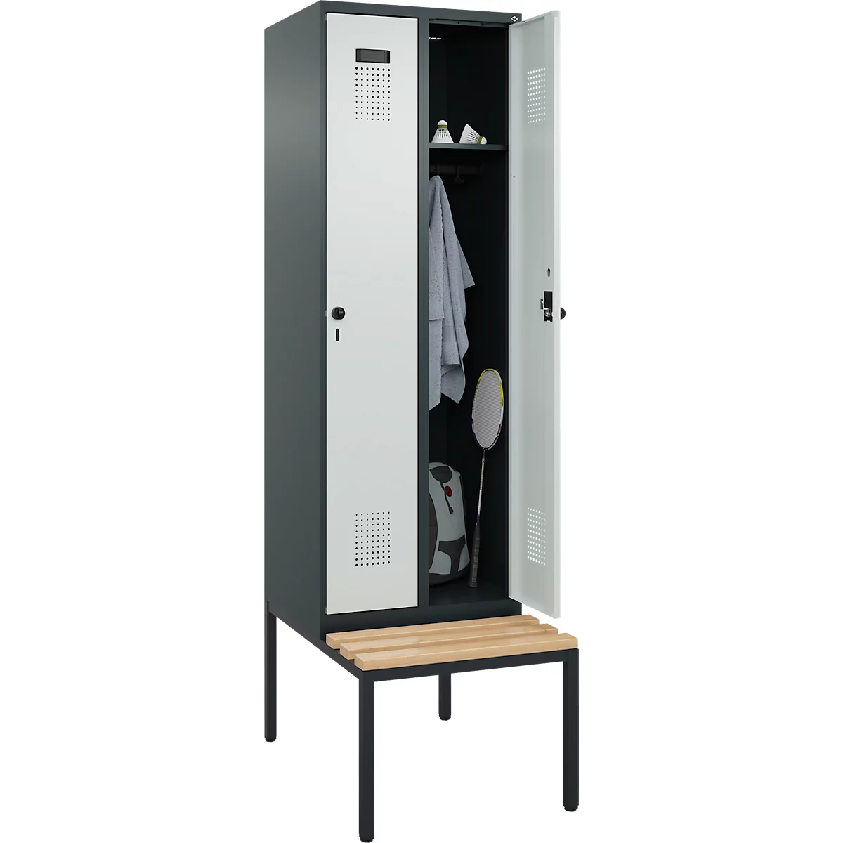 Kleiderspind C+P Evolo Plus, 2 Abteile mit je 300 mm Breite, Unterbau-Sitzbank, B 600 x T 815 x H 2120 mm, Drehriegel, anthrazitgrau/lichtgrau