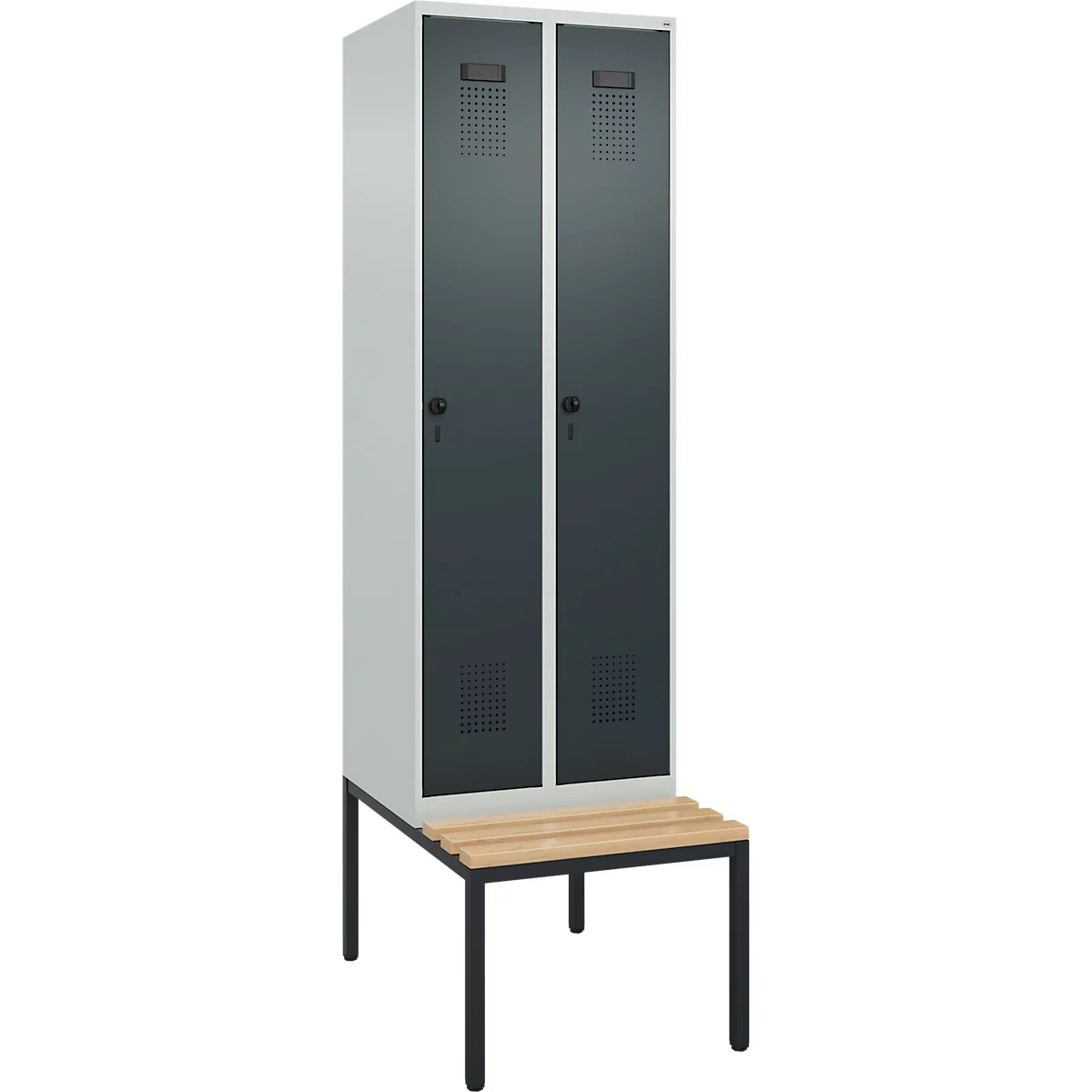 Kleiderspind C+P Evolo Plus, 2 Abteile mit je 300 mm Breite, Unterbau-Sitzbank, B 600 x T 815 x H 2120 mm, Drehriegel, lichtgrau/anthrazitgrau