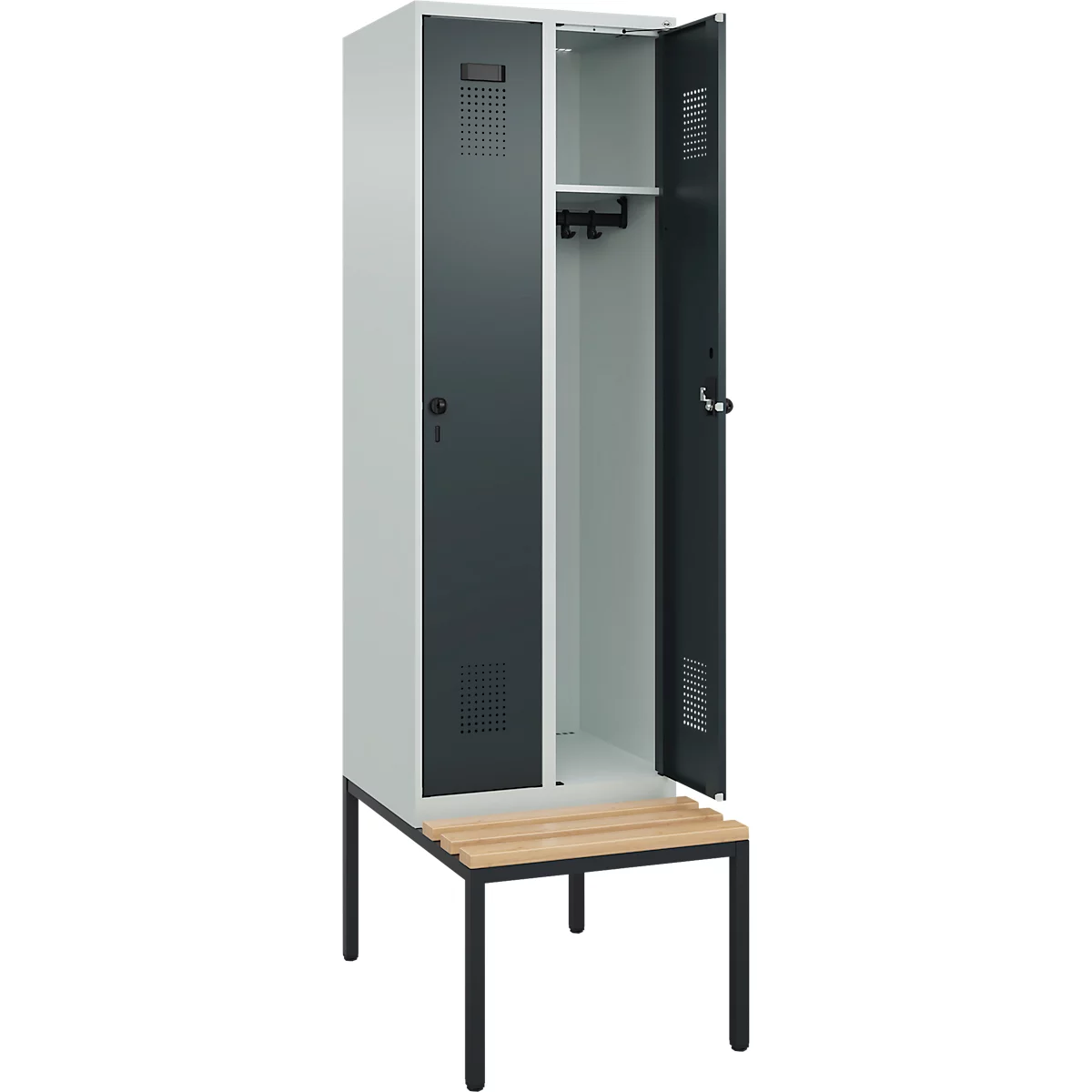 Kleiderspind C+P Evolo Plus, 2 Abteile mit je 300 mm Breite, Unterbau-Sitzbank, B 600 x T 815 x H 2120 mm, Drehriegel, lichtgrau/anthrazitgrau