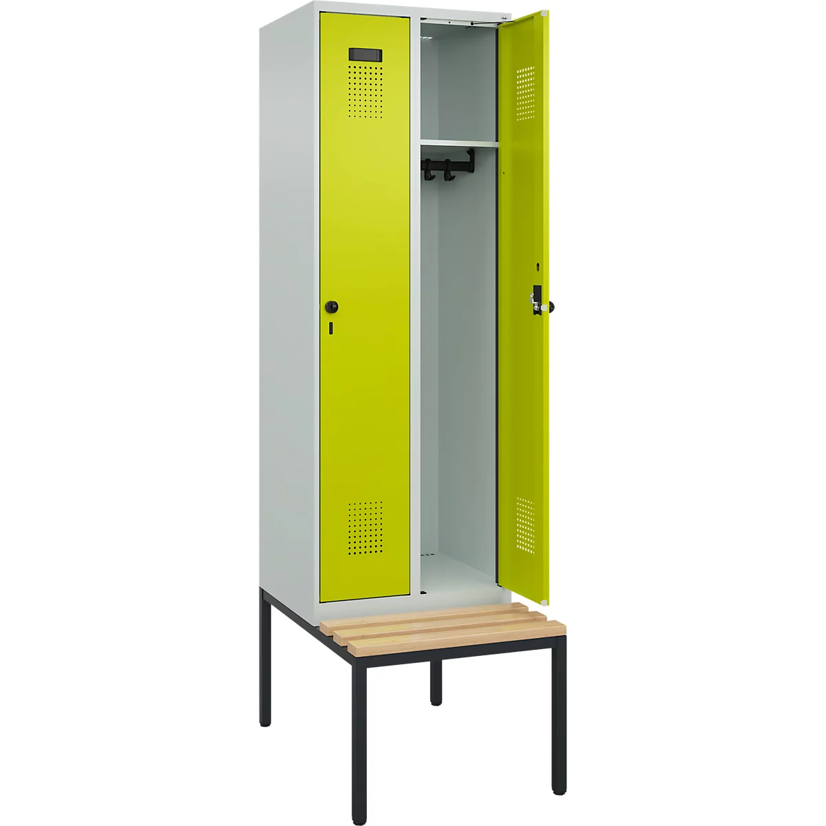 Kleiderspind C+P Evolo Plus, 2 Abteile mit je 300 mm Breite, Unterbau-Sitzbank, B 600 x T 815 x H 2120 mm, Drehriegel, lichtgrau/clowngrün