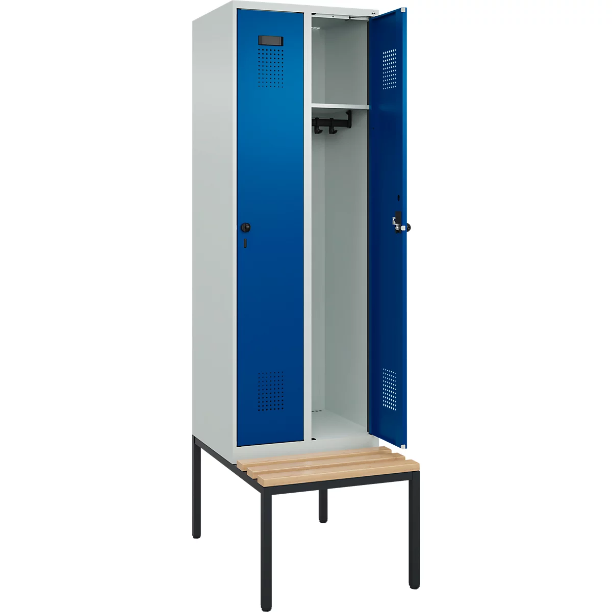 Kleiderspind C+P Evolo Plus, 2 Abteile mit je 300 mm Breite, Unterbau-Sitzbank, B 600 x T 815 x H 2120 mm, Drehriegel, lichtgrau/enzianblau