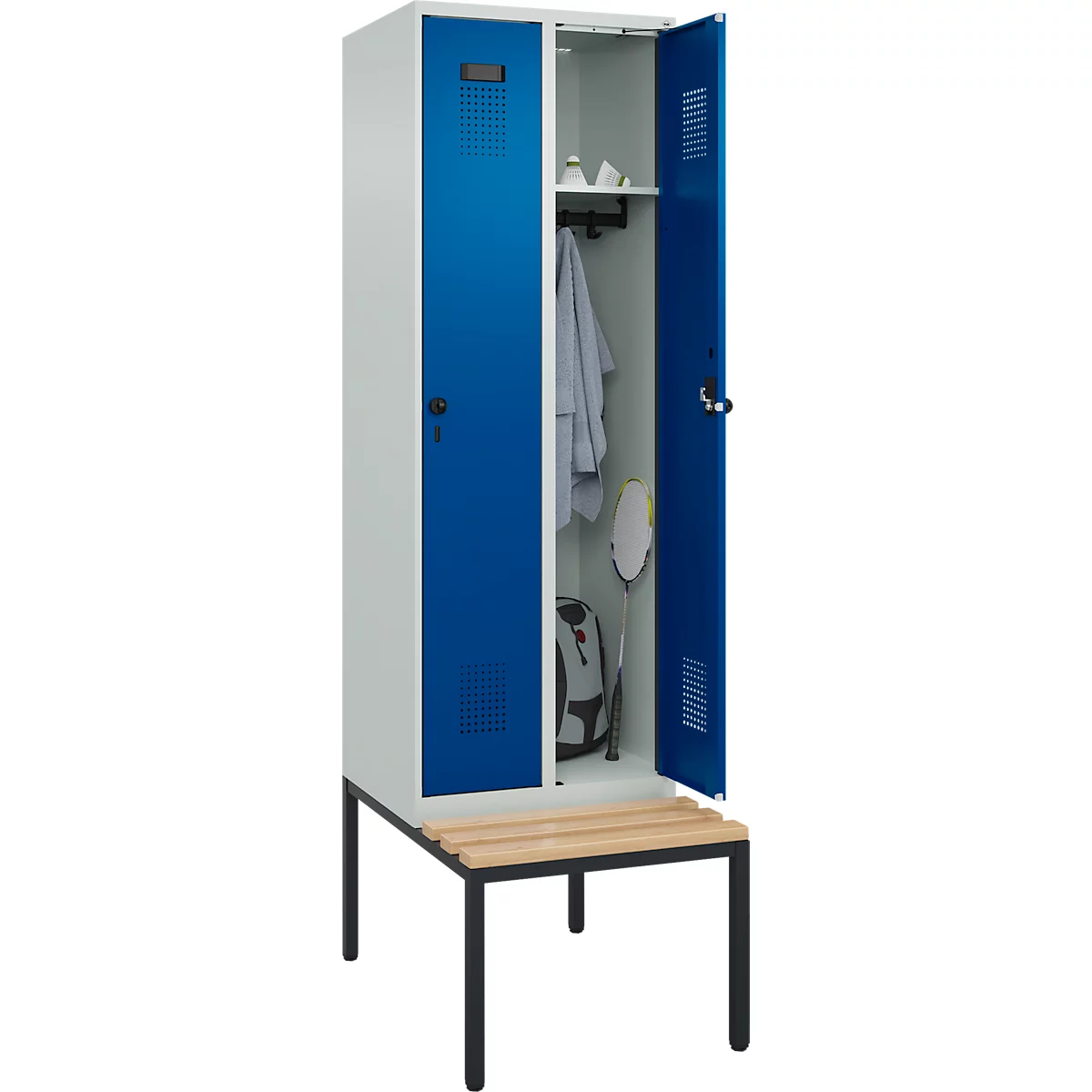 Kleiderspind C+P Evolo Plus, 2 Abteile mit je 300 mm Breite, Unterbau-Sitzbank, B 600 x T 815 x H 2120 mm, Drehriegel, lichtgrau/enzianblau