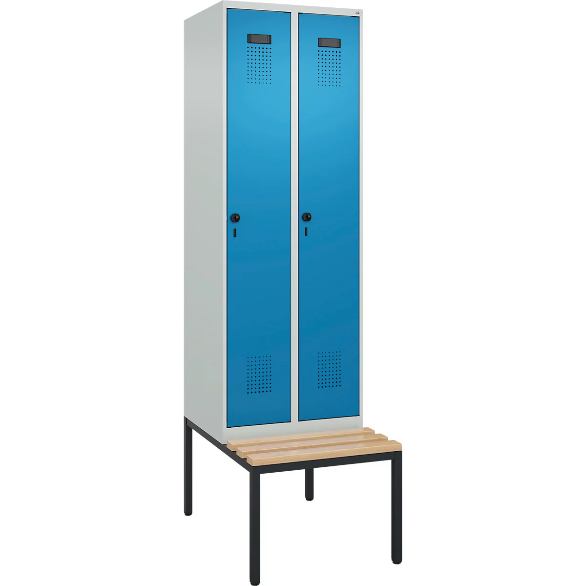 Kleiderspind C+P Evolo Plus, 2 Abteile mit je 300 mm Breite, Unterbau-Sitzbank, B 600 x T 815 x H 2120 mm, Drehriegel, lichtgrau/lichtblau