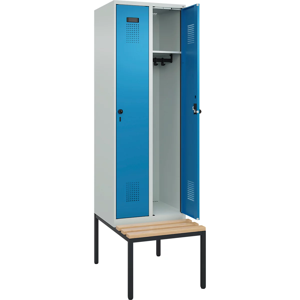Kleiderspind C+P Evolo Plus, 2 Abteile mit je 300 mm Breite, Unterbau-Sitzbank, B 600 x T 815 x H 2120 mm, Drehriegel, lichtgrau/lichtblau