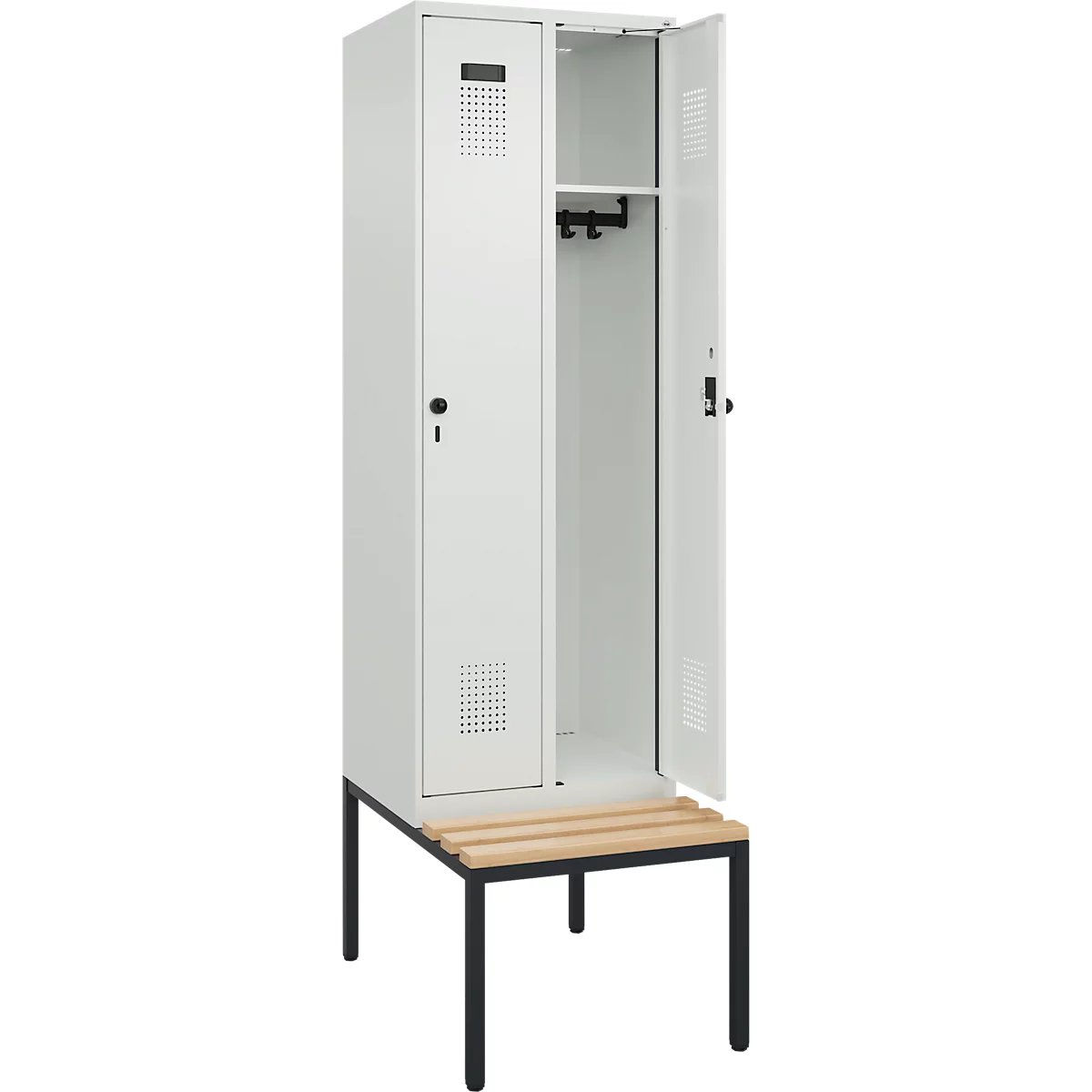 Kleiderspind C+P Evolo Plus, 2 Abteile mit je 300 mm Breite, Unterbau-Sitzbank, B 600 x T 815 x H 2120 mm, Drehriegel, lichtgrau/lichtgrau