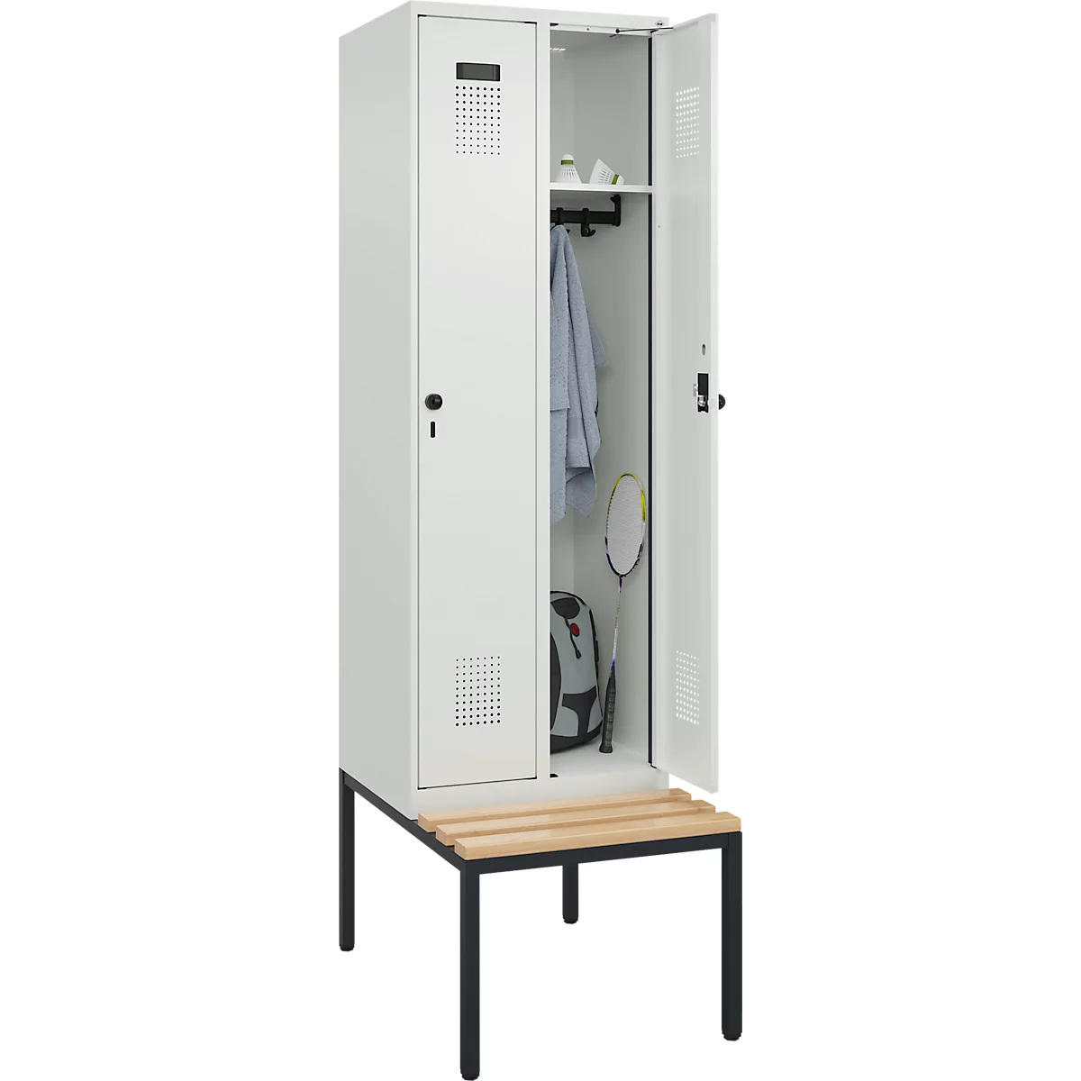 Kleiderspind C+P Evolo Plus, 2 Abteile mit je 300 mm Breite, Unterbau-Sitzbank, B 600 x T 815 x H 2120 mm, Drehriegel, lichtgrau/lichtgrau