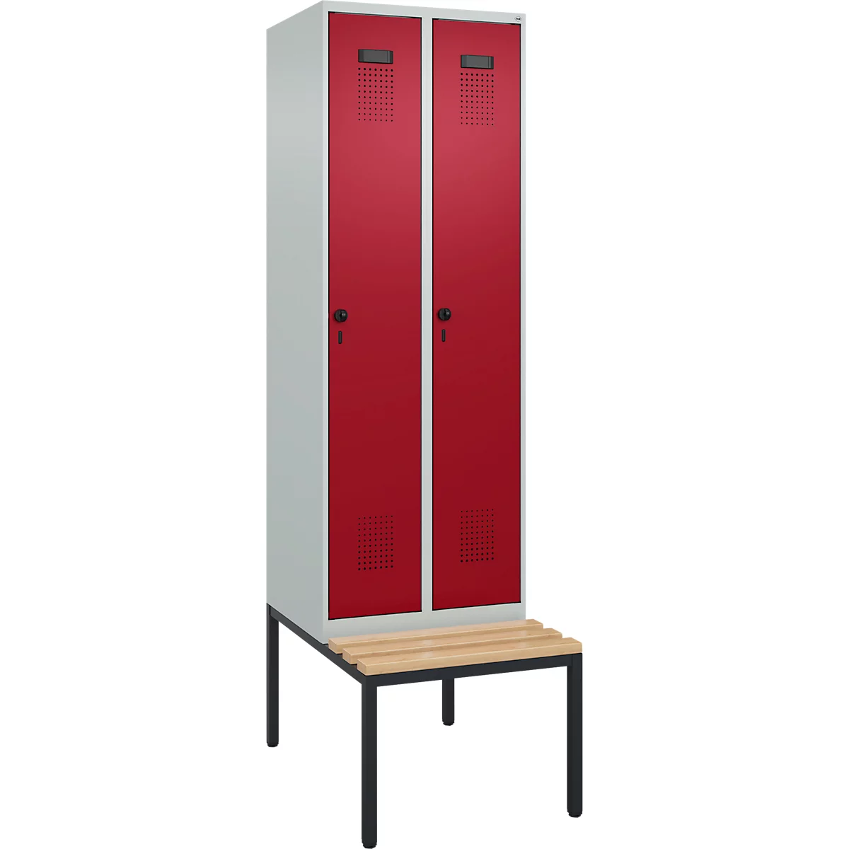 Kleiderspind C+P Evolo Plus, 2 Abteile mit je 300 mm Breite, Unterbau-Sitzbank, B 600 x T 815 x H 2120 mm, Drehriegel, lichtgrau/rubinrot