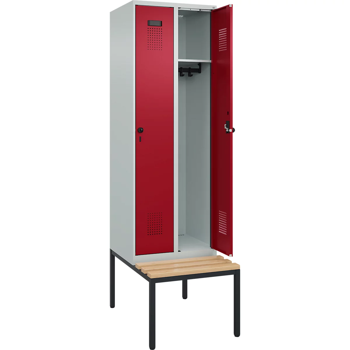 Kleiderspind C+P Evolo Plus, 2 Abteile mit je 300 mm Breite, Unterbau-Sitzbank, B 600 x T 815 x H 2120 mm, Drehriegel, lichtgrau/rubinrot